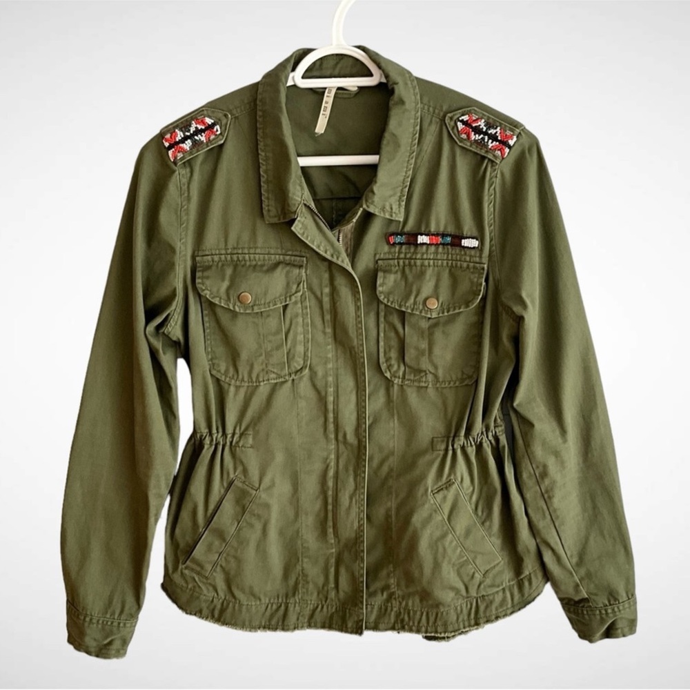 Miami Zip-Front Army Green Beaded Jacket Raw Hem Long Sleeves